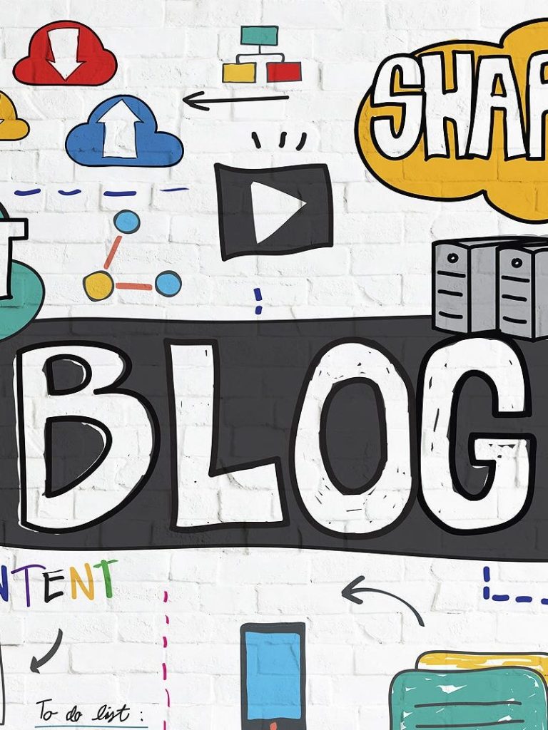 Colorful illustration featuring the word "BLOG" with icons representing digital content sharing.