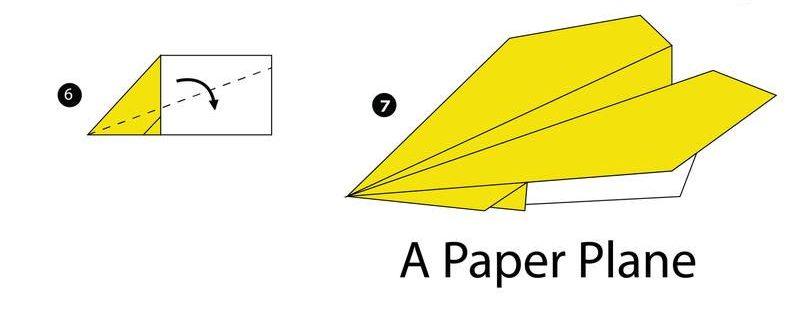 Two steps illustrating how to fold a yellow paper plane.