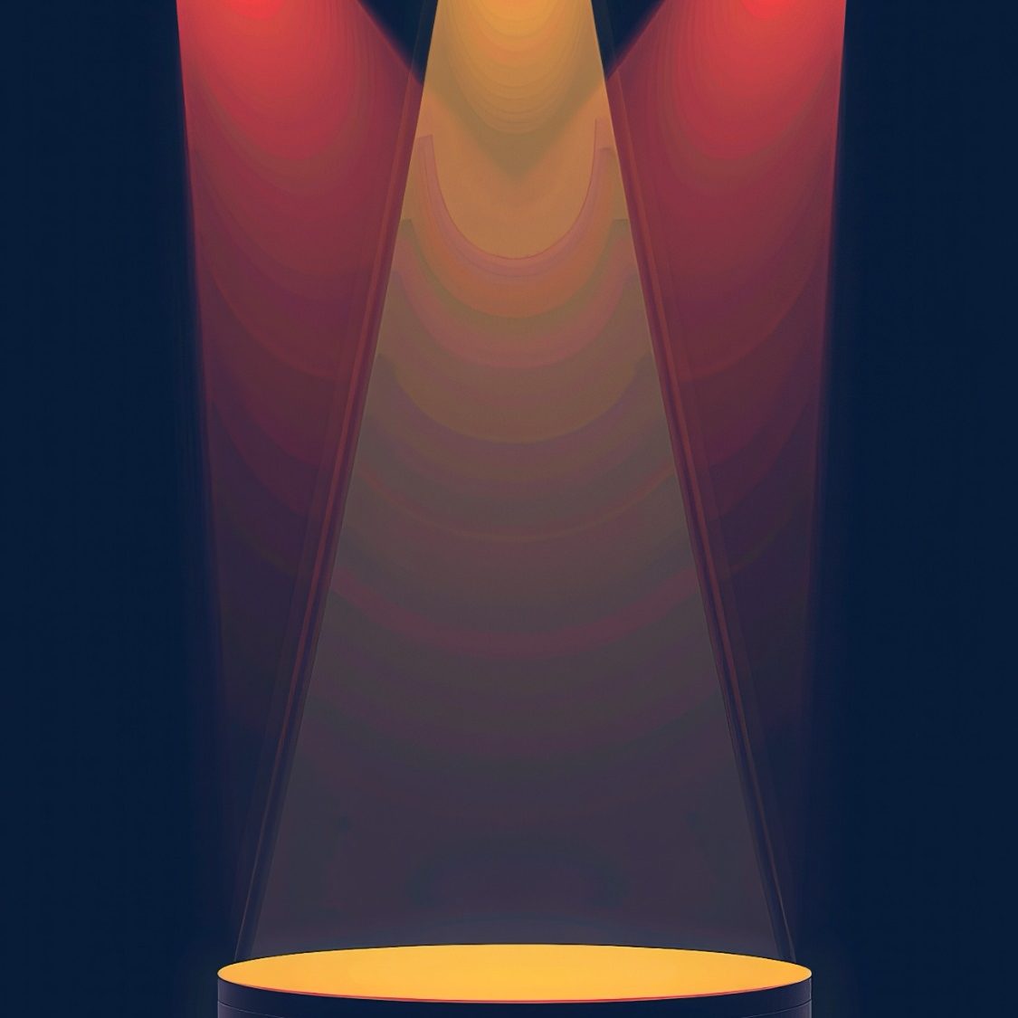 A circular stage illuminated by three colored spotlights from above.