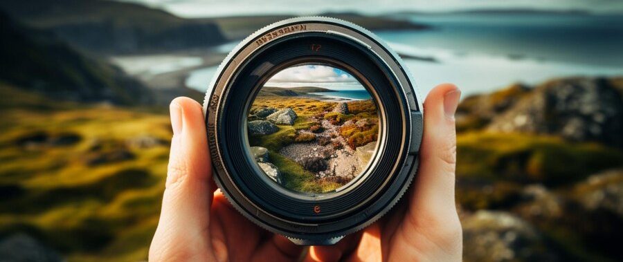 Hand holding a camera lens, framing a scenic view of rocky terrain and ocean.