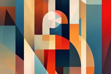 Abstract geometric composition with colorful shapes and overlapping patterns.