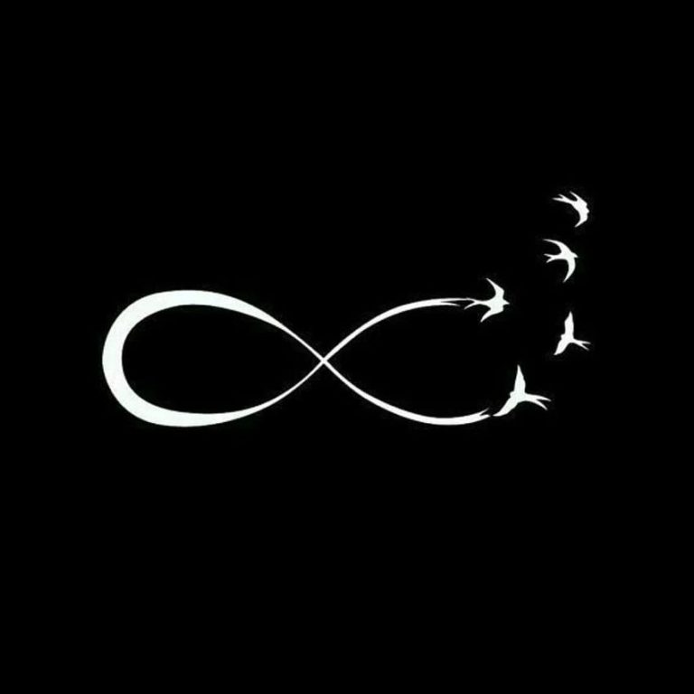 Infinity symbol with birds flying away from it on a black background.
