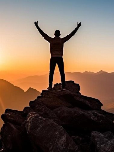 Silhouette of a person on a rocky peak, arms raised against a sunrise backdrop.