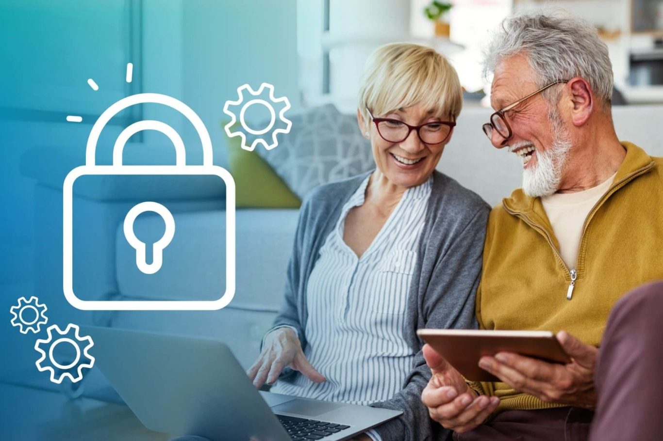 Older couple smiling and using a tablet, with a padlock and gears graphic in the background.