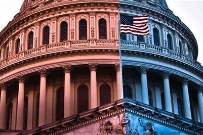Split image of the U.S. Capitol, divided with red and blue sections and an American flag.