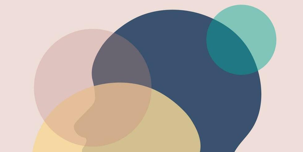 Abstract shapes in various colors, overlapping on a pale background.