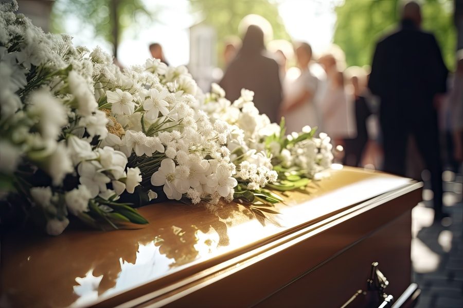 Coffin adorned with white flowers, with mourners in the background.