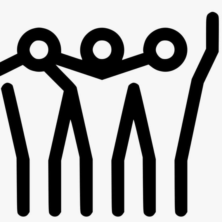 Stylized figures with raised arms, representing celebration or teamwork.
