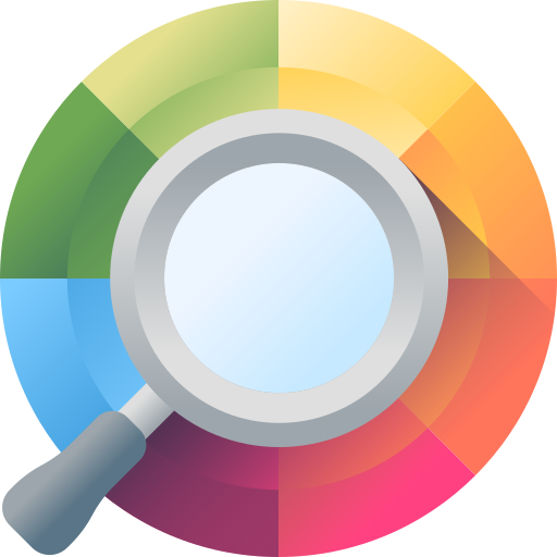 Magnifying glass over a colorful circular background with four segments.