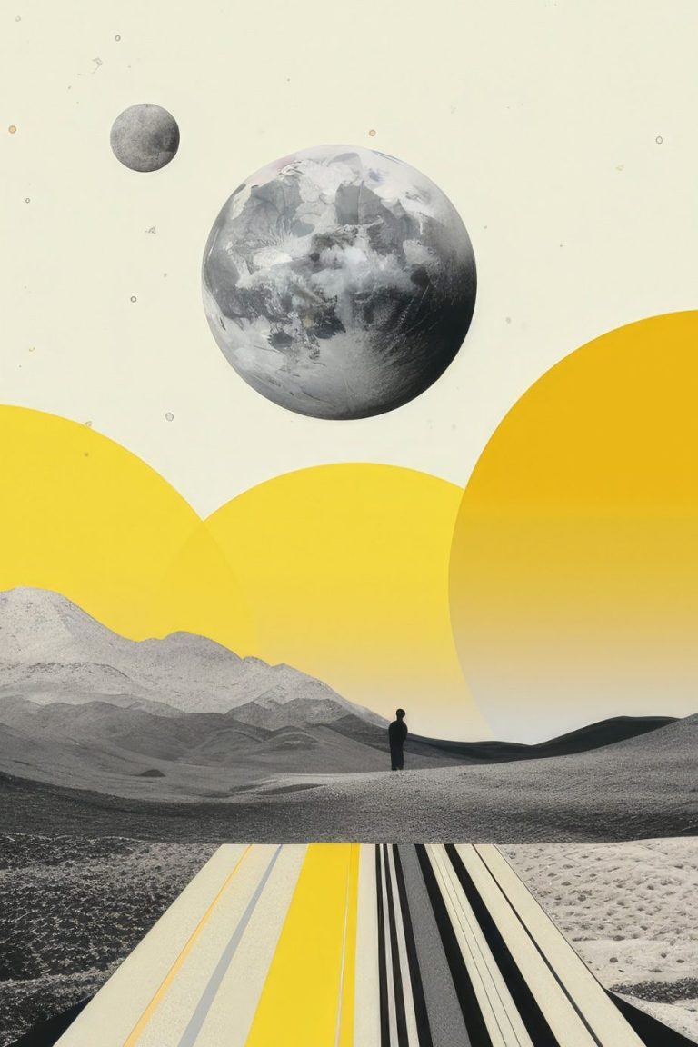 A surreal landscape with a person walking on a road, surrounded by moons and yellow shapes.