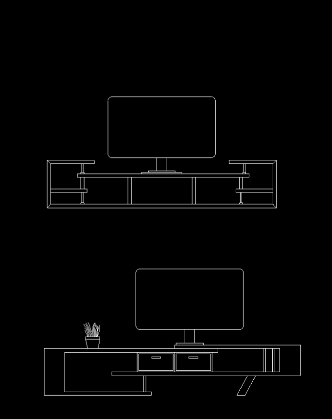 Line drawings of a TV stand with multiple compartments and a TV on top.