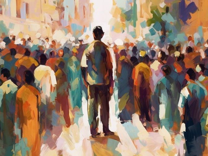 A lone figure stands amidst a vibrant crowd, characterized by bold colors and abstract forms.