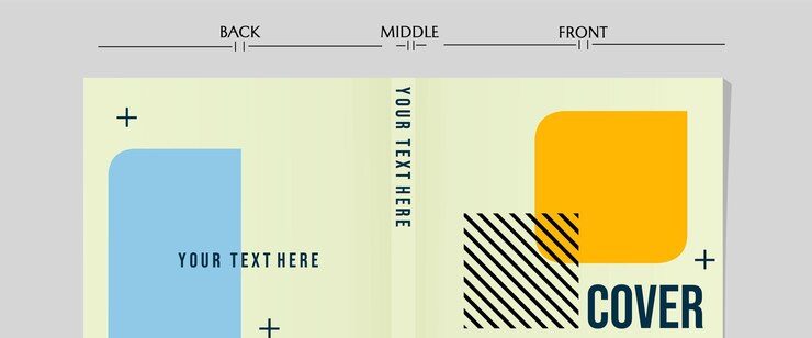 Cover design with blue and orange shapes, labeled "YOUR TEXT HERE" and "COVER."